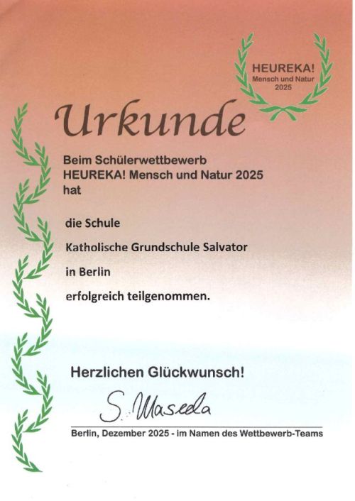 Urkunde über Teilnahme der Salvator-Grundschule am Heureka-Wettbewerb